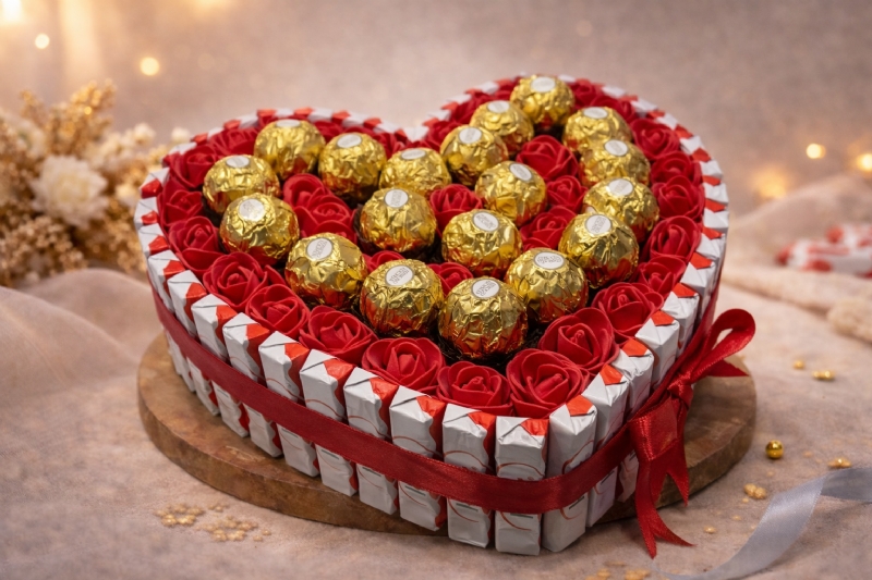 Dhurate Romantike e Personalizuar nga KONFETAT E ARTA, Zemer Kinder me Cokollata Ferrero Rocher me Lule Artificiale, dhurate me dizajn te rafinuar, konfeta me dekor floriri, paketim me material sateni premium, sete martese me standard te larte